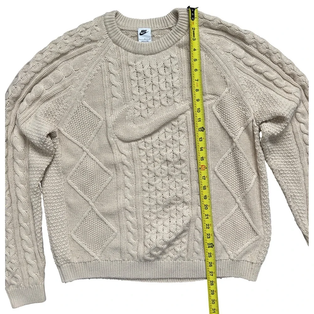 Nike Cable Knit Swoosh Sweater Men's L Beige Rattan Large Logo Polyester & Wool